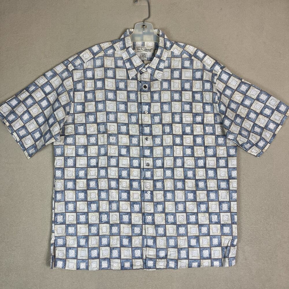 Tori Richard Shirt Mens L Blue Check Hawaiian Aloha Cotton Lawn Short Sleeve